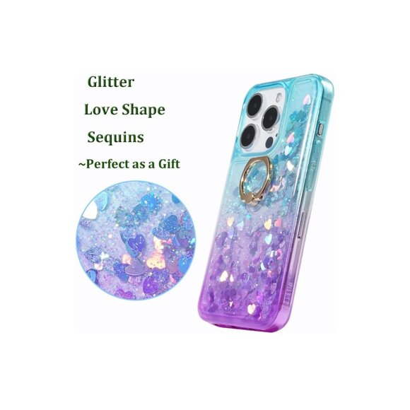iPhone 15 Pro Glitter Case with Ring Holder Kickstand Bling (Teal Purple) AD3 - Picture 2 of 6